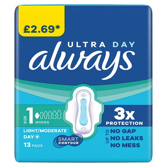 Always Ultra Sanitary Towels Light / Moderate Flow Day (Size 1) Wings 13 Pads