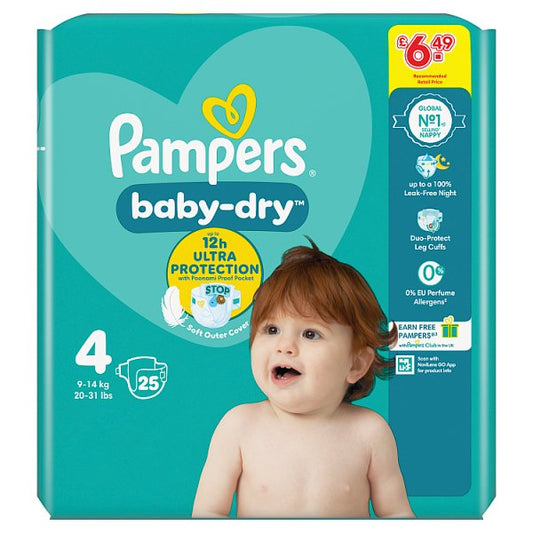Pampers Baby-Dry Size 4, 25 Nappies, 9kg-14kg, Carry Pack